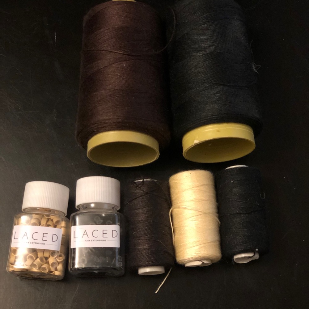 Laced Hair extensions tool kit, thread, and beads